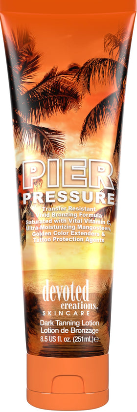 Devoted Creations Pier Pressure bottle pour showing transfer-resistant formula for mess-free tanning.