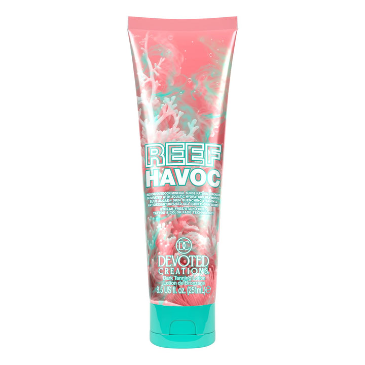 Devoted Creations Reef Havoc bottle front with rich bronze glow for indoor/outdoor tanning.