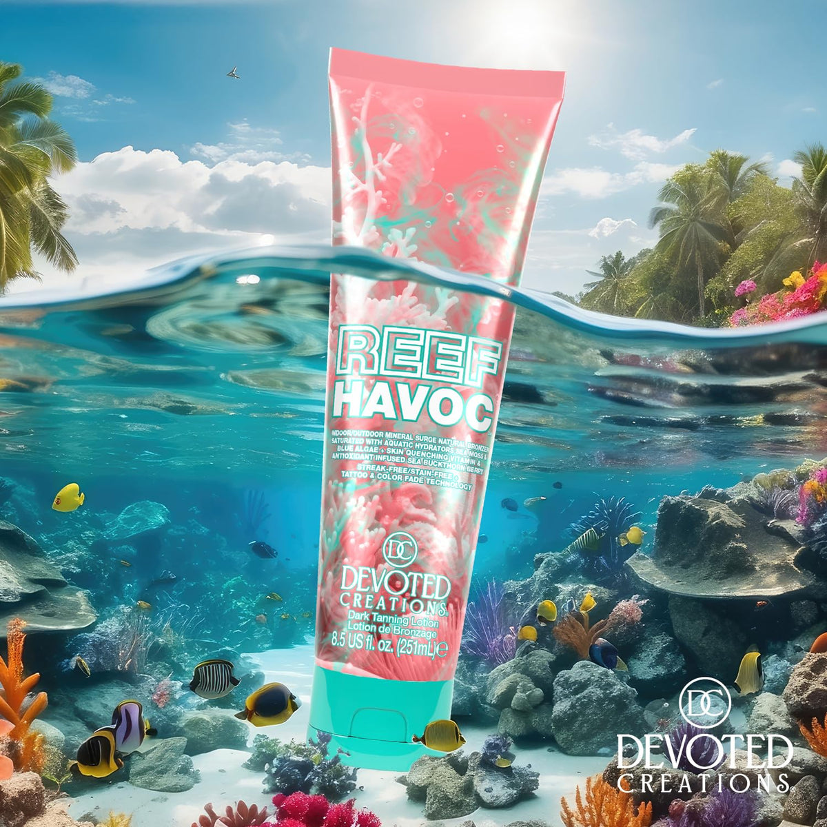 Devoted Creations Reef Havoc ingredient panel featuring Sea Moss and Blue Algae.