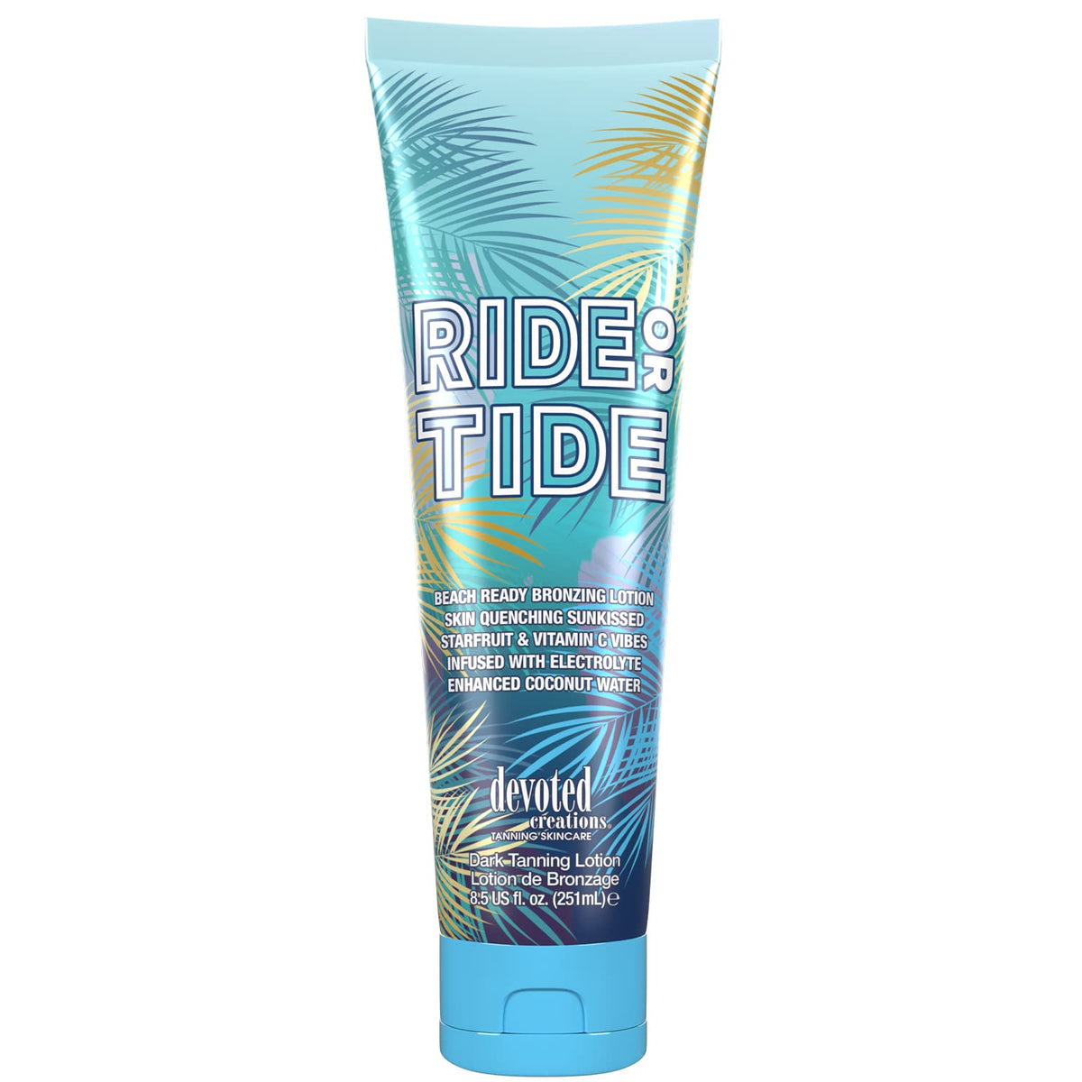 Devoted Creations Ride or Tide bottle front view with instant bronze color boost.