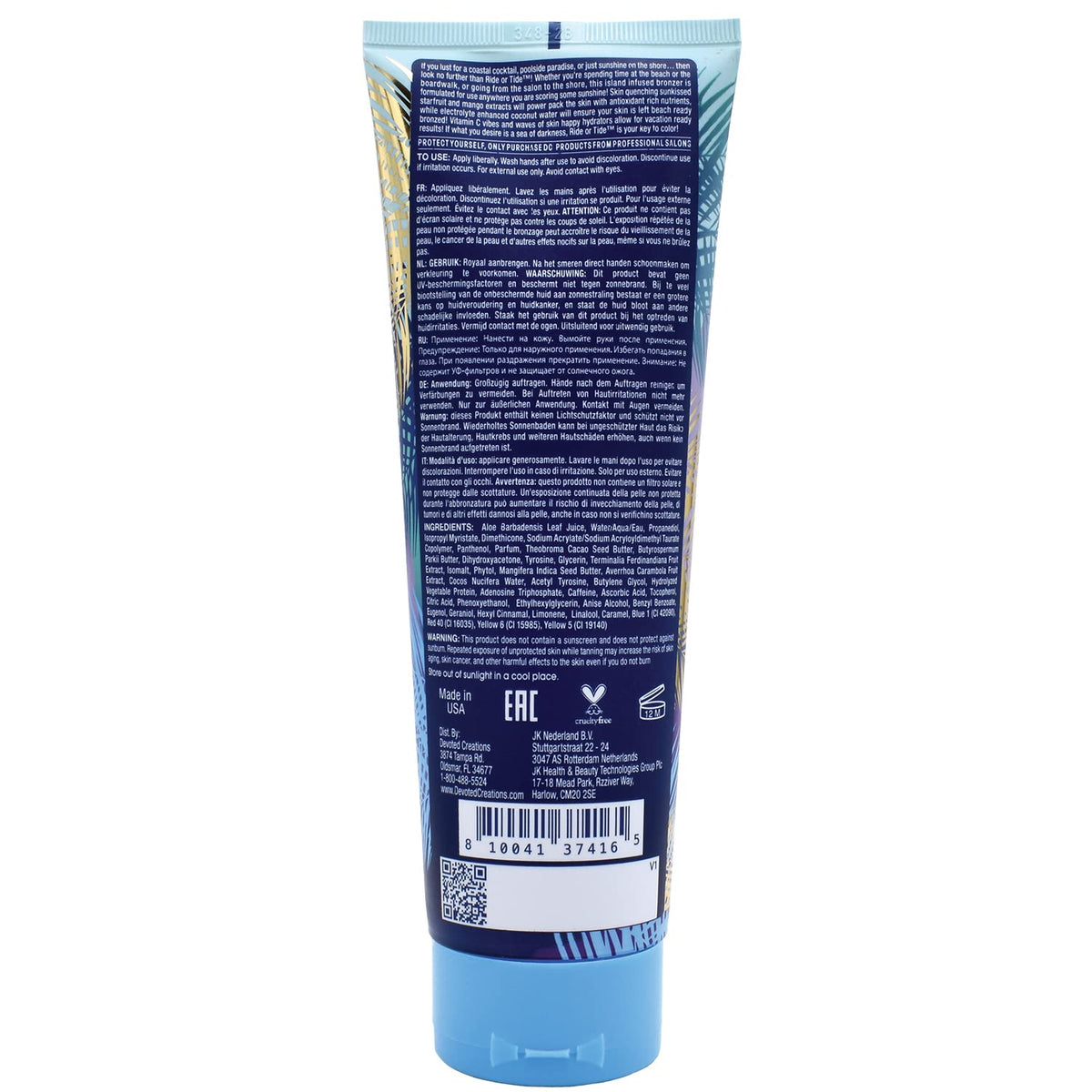 Devoted Creations Ride or Tide tube packaging close-up highlighting hydrating mango butter and coconut water.