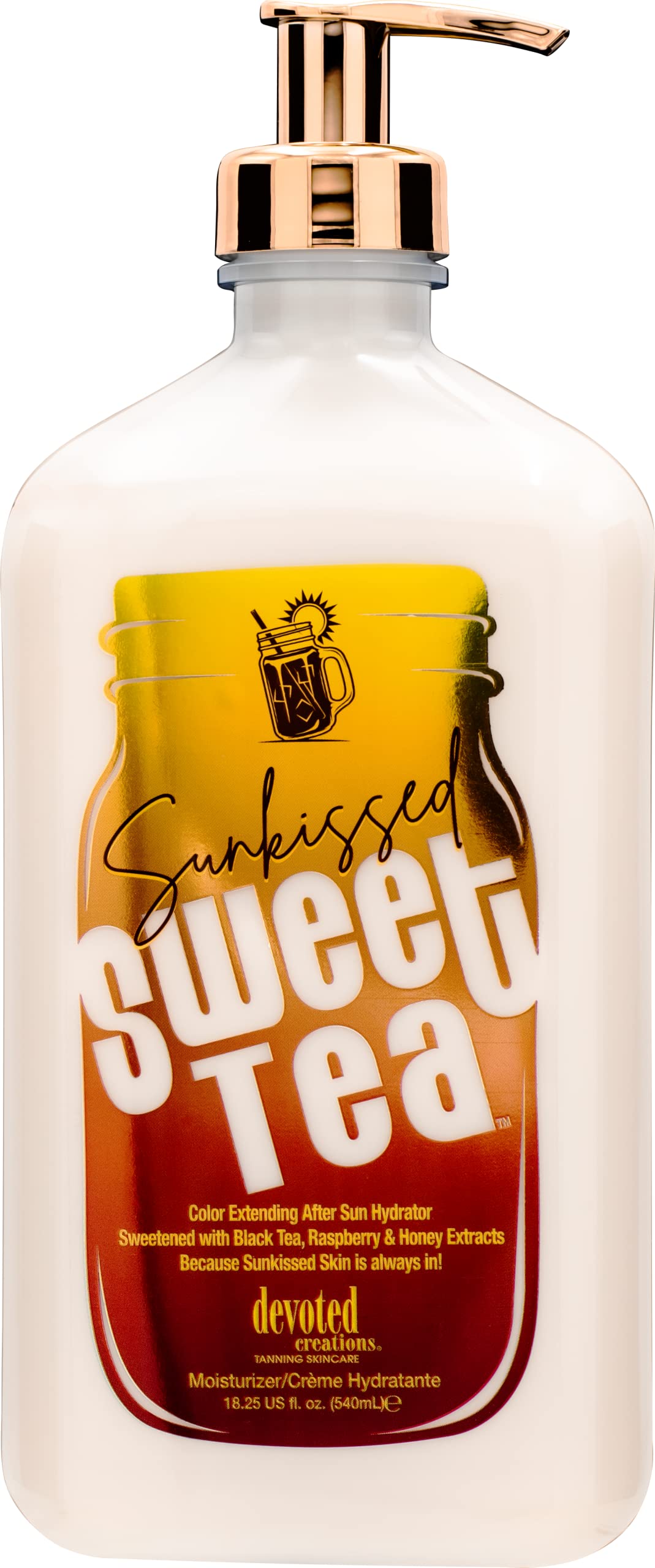 Devoted Creations Sunkissed Sweet Tea color-extending bottle for longer-lasting tan.
