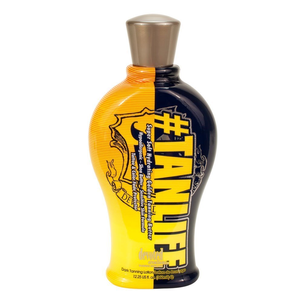 Devoted Creations Tanlife lotion bottle highlighting deep tanning formula for lasting glow