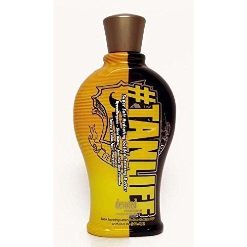 Devoted Creations Tanlife lotion packaging highlighting anti-aging peptides and pleasant aroma