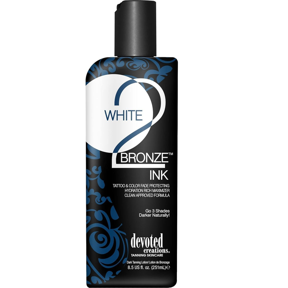 Devoted Creations White 2 Bronze Ink tanning lotion bottle, tattoo color fade protection in action