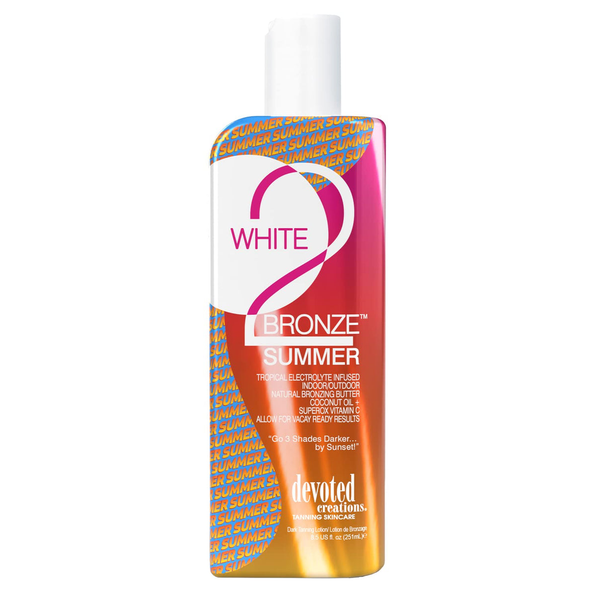 Devoted Creations White 2 Bronze bottle pour for smooth, even tanning.