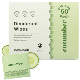 Dew Well Deodorant Wipes travel pack close-up for on-the-go freshness.