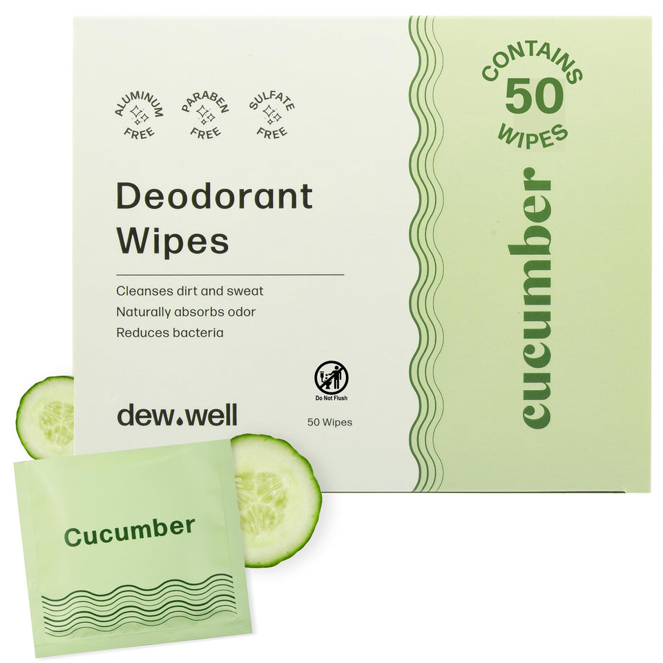 Dew Well Deodorant Wipes travel pack close-up for on-the-go freshness.