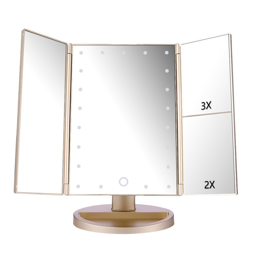 deweisn floor mount tri-fold mirror front view with bright 21-LED lighting for makeup