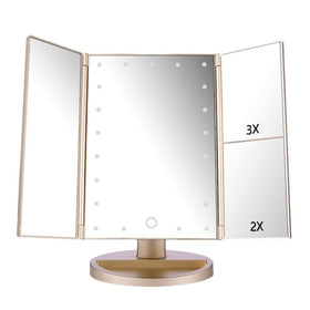 deweisn floor mount tri-fold mirror front view with bright 21-LED lighting for makeup
