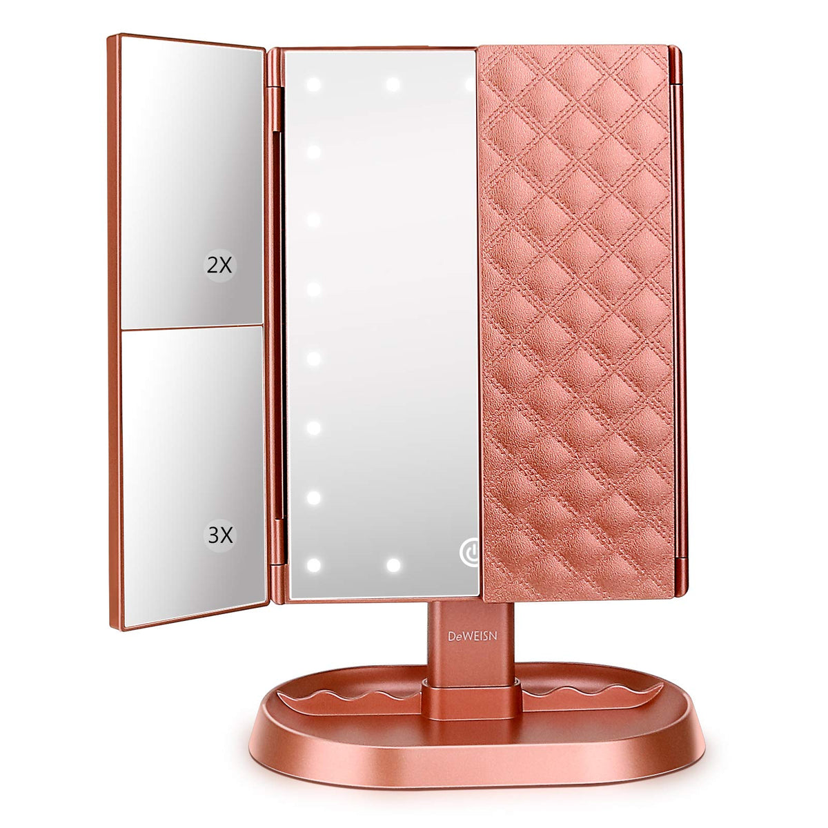 Deweisn trifold vanity mirror with 21 LEDs front view, ideal for precise makeup application.