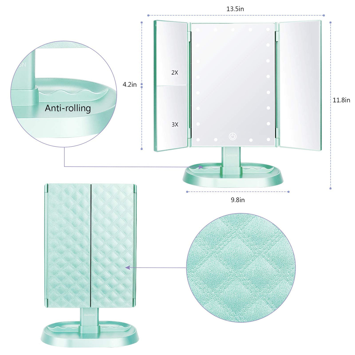 Deweisn trifold mirror side view showing slim profile and bright lighting for detailing