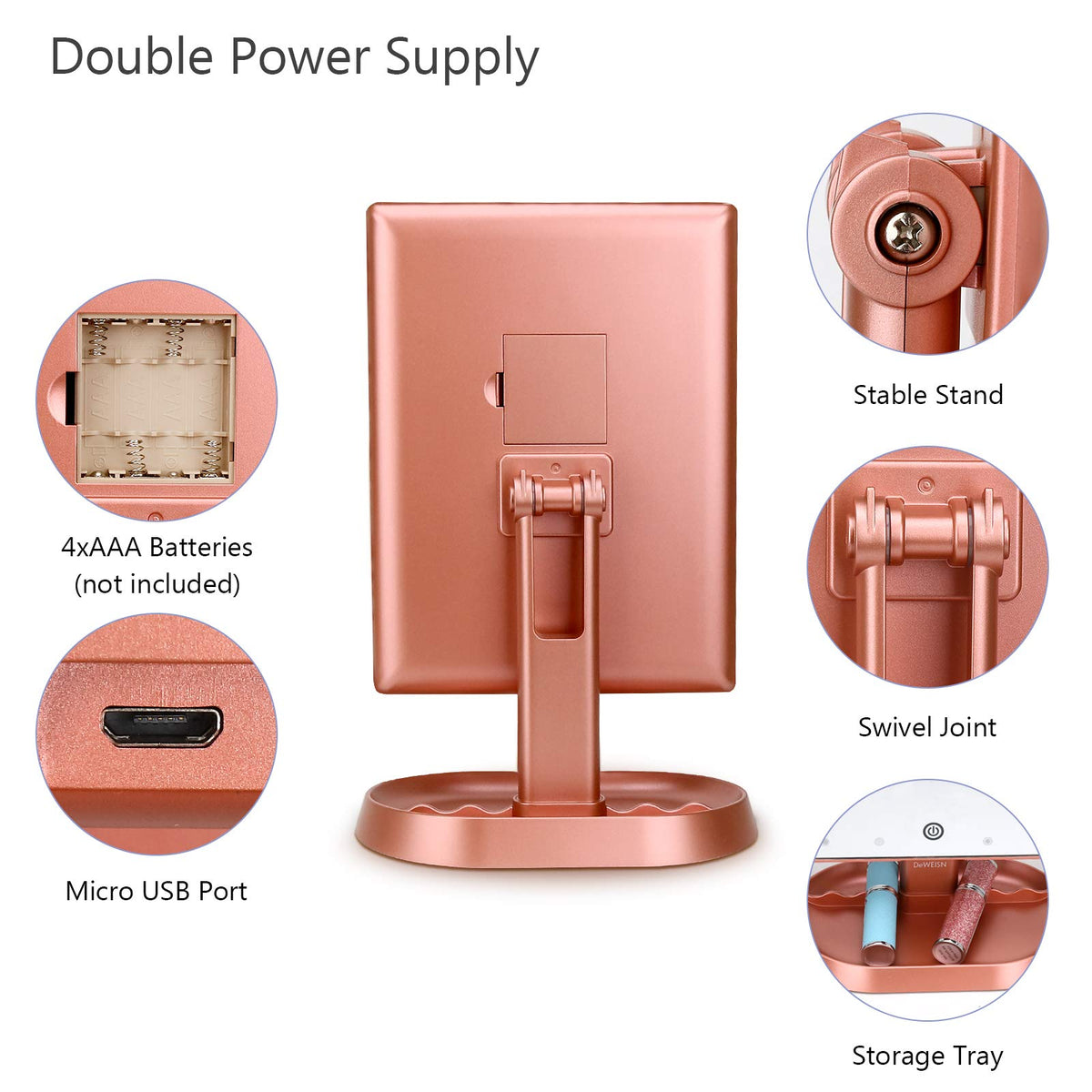 Deweisn touch-control panel view shows adjustable brightness for comfortable night makeup.