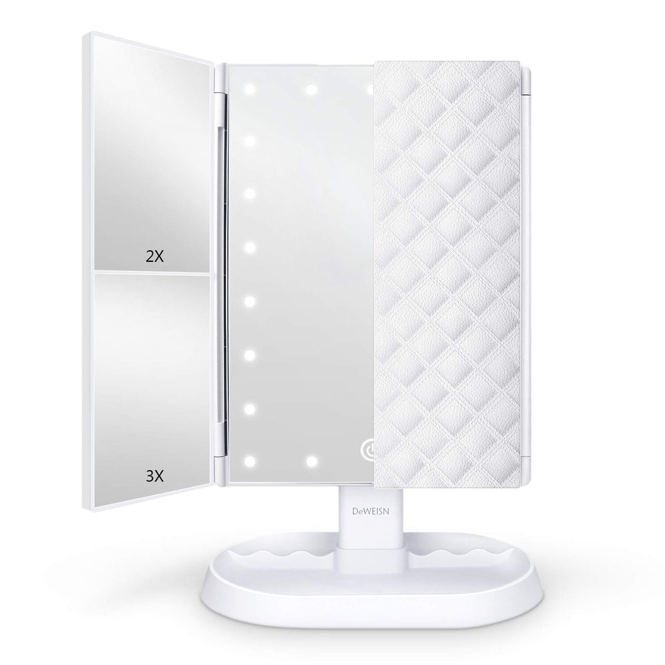 deweisn trifold mirror with 21 LEDs provides precise makeup illumination