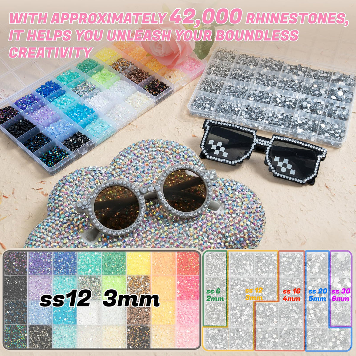 DEWJDFSC 3mm mixed-color AB-coated rhinestones sparkle in light
