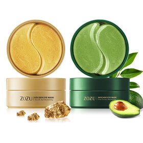dewyhour avocado-and-gold hydrogel eye mask set packaging shows dual formulas for hydration