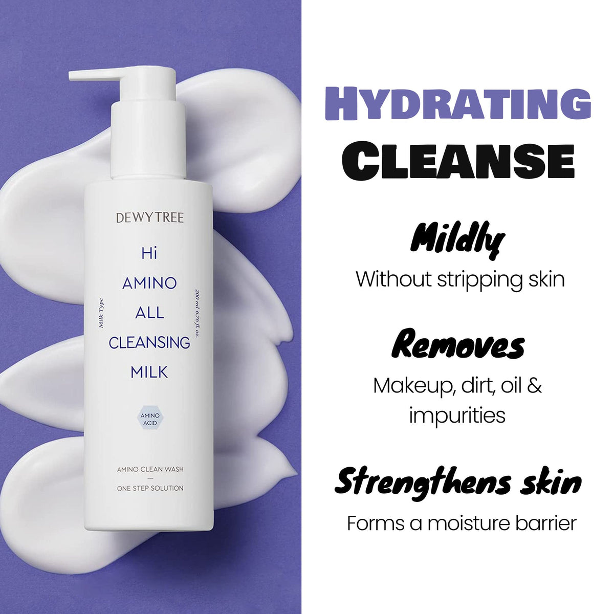 Dewytree Hi Amino All Cleansing Milk rich-cream-texture nourishes skin during cleansing.