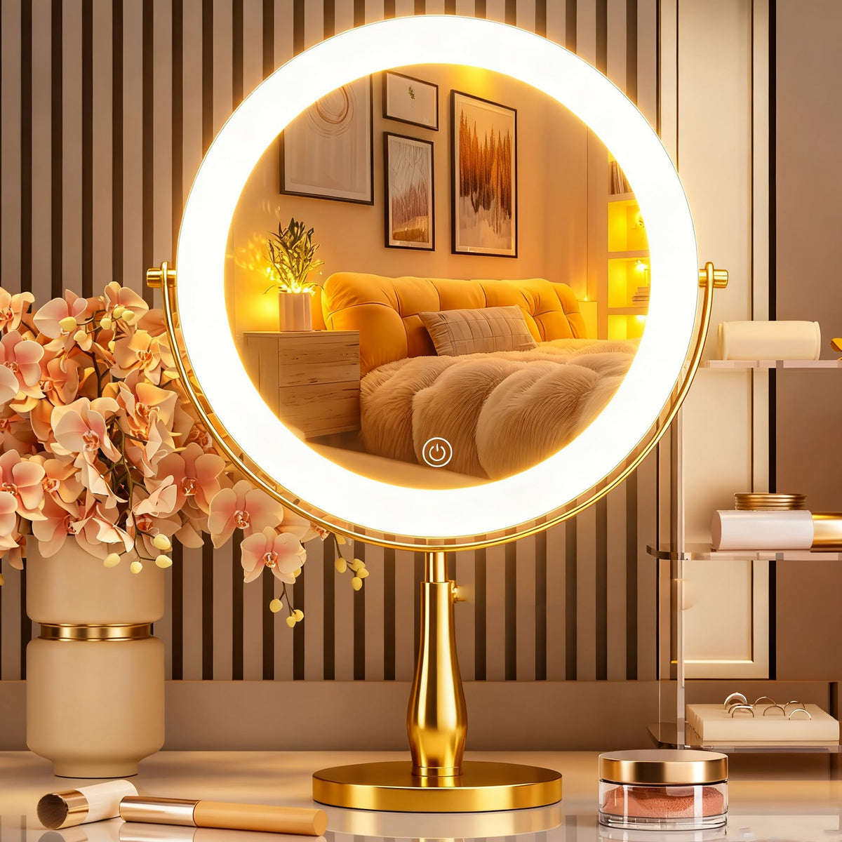 DEXHOM professional 8-inch mirror front view with shadowless lighting for precise makeup