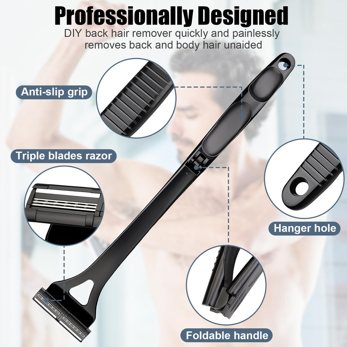 Dexspoeny back shaver shows eight replaceable blade heads for precise grooming
