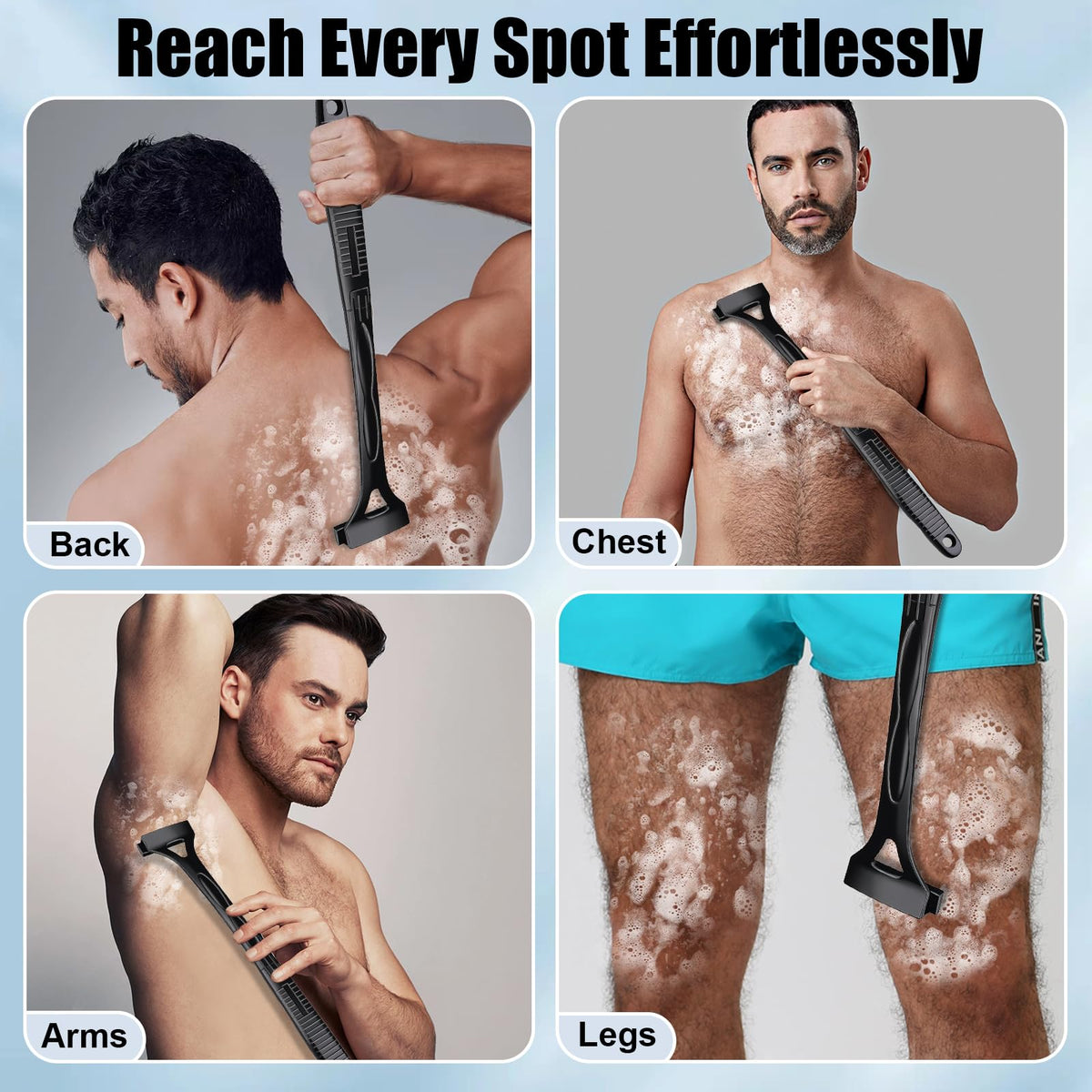Dexspoeny back shaver packaging and contents including blades and brush