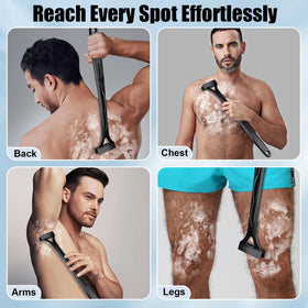 Dexspoeny back shaver packaging and contents including blades and brush