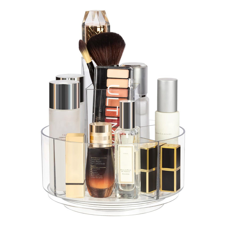 Dezzer 360° rotating makeup organizer on vanity for easy cosmetic access