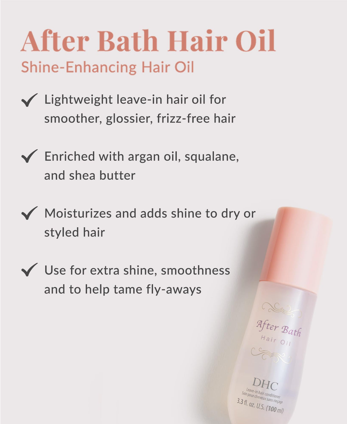 DHC After Bath Hair Oil hand application demonstrates smoothing and shine.