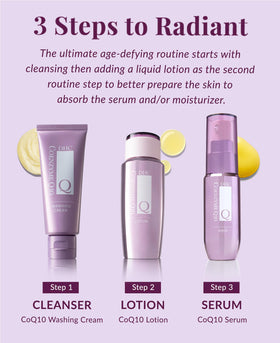 Pump dispenser of DHC CoQ10 Lotion illustrating quick-absorbing texture.