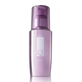 DHC CoQ10 Milk bottle shows fragrance-free, lightweight daily moisturizer.