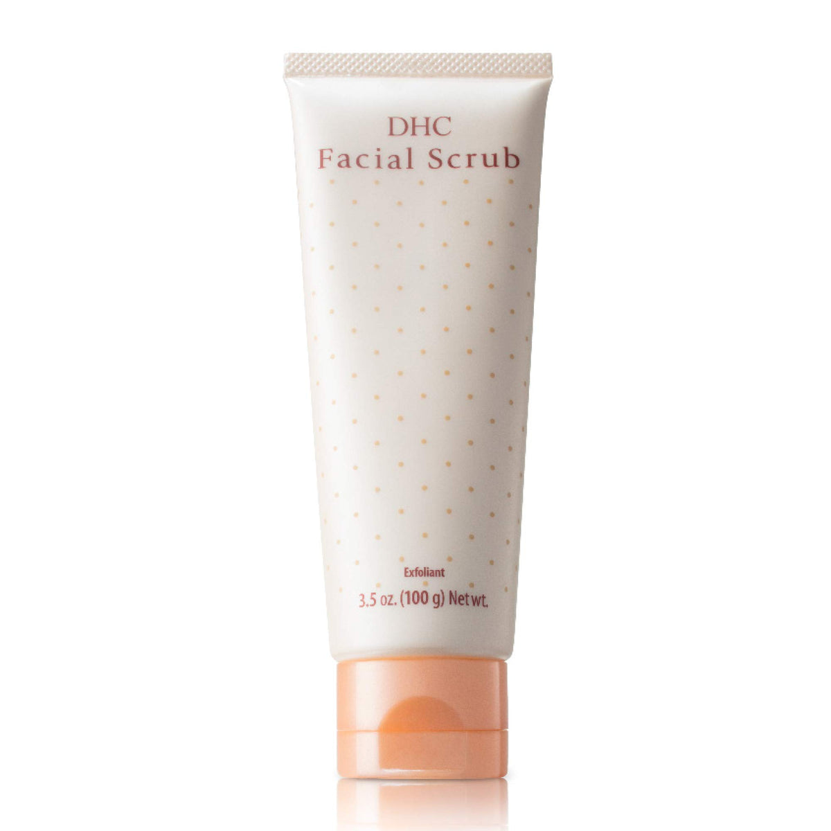 DHC Facial Scrub bottle closeup, premium cleanser for all skin types with gentle exfoliation.