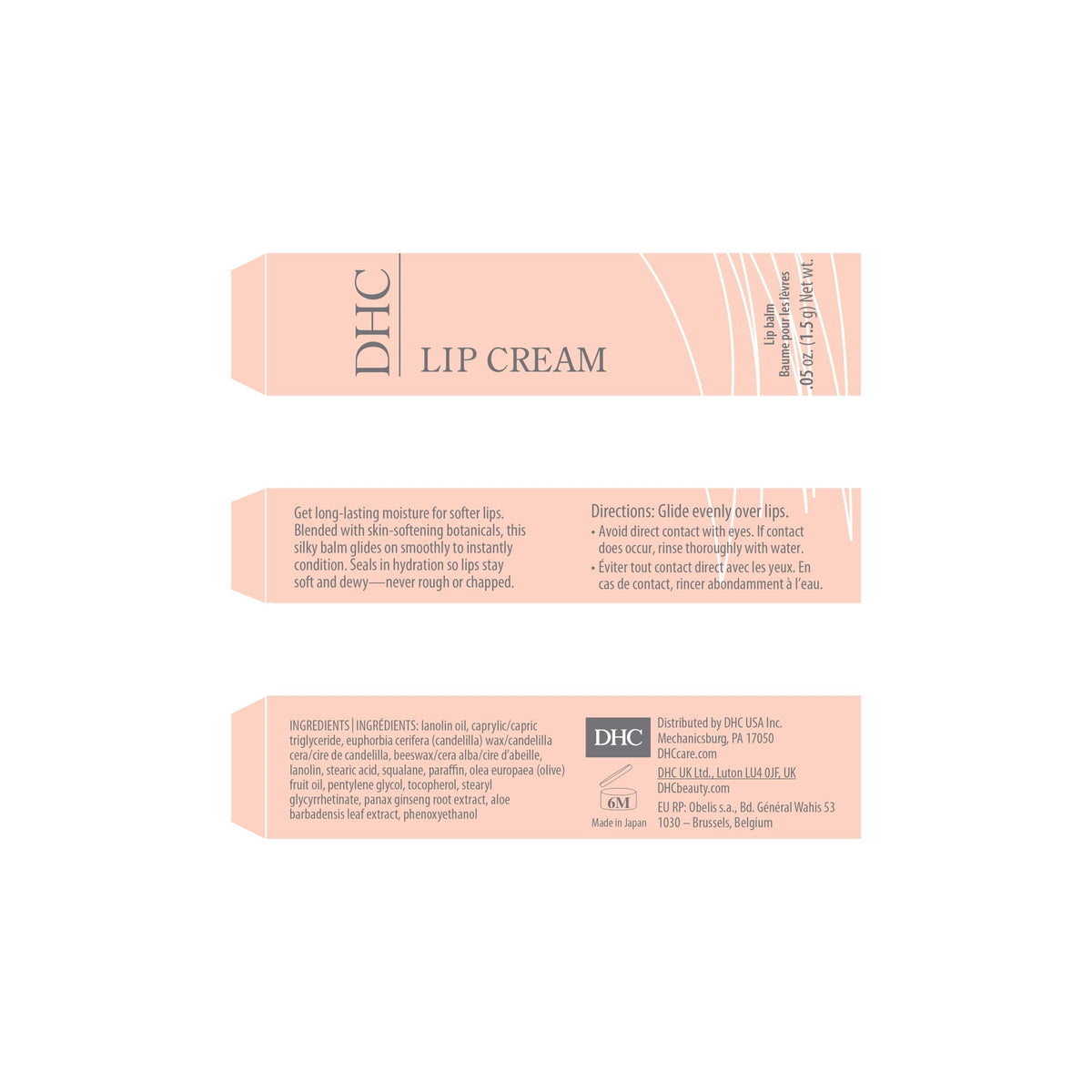 DHC Lip Cream ginseng extract boosts hydration for lasting softness.