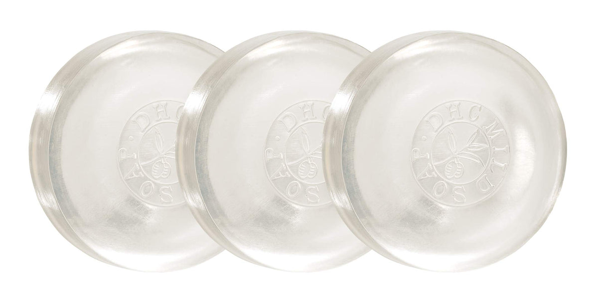 DHC Mild Soap Trio pack on shelf showing a gentle hydrating cleansing option for all skin types.