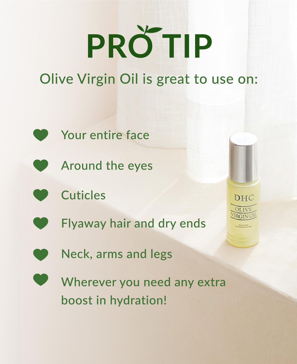 Label emphasizing fragrance-free and colorant-free formula on DHC Olive Virgin Oil
