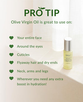 Label emphasizing fragrance-free and colorant-free formula on DHC Olive Virgin Oil