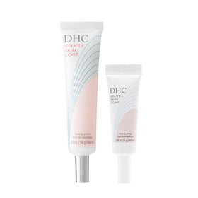 DHC Velvet Skin Coat bottle close-up showing clear primer texture for all skin tones