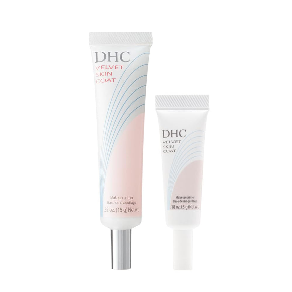 DHC Velvet Skin Coat bottle close-up showing clear primer texture for all skin tones