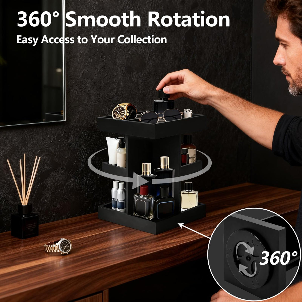 DHLANROY 3-tier display stand keeps perfumes, watches, and sunglasses organized.