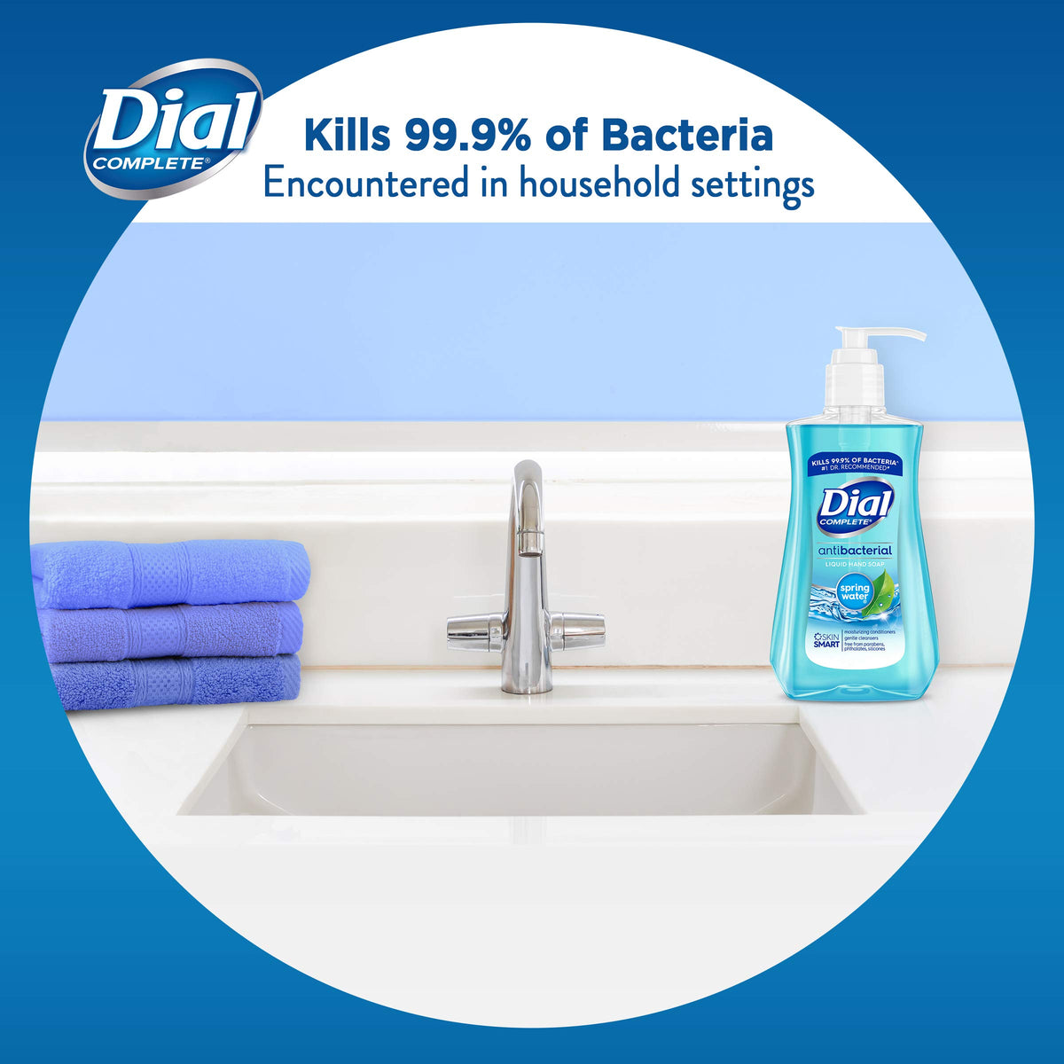 Dial antibacterial liquid hand soap family use countertop promotes shared hand hygiene.