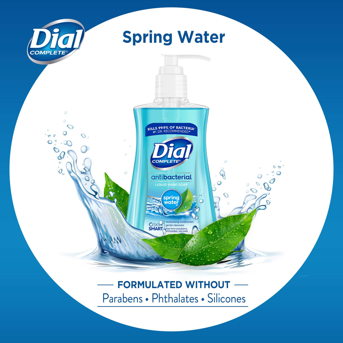 Dial antibacterial liquid hand soap spring water blue label on bottle for fresh scent.