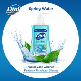 Dial antibacterial liquid hand soap spring water blue label on bottle for fresh scent.