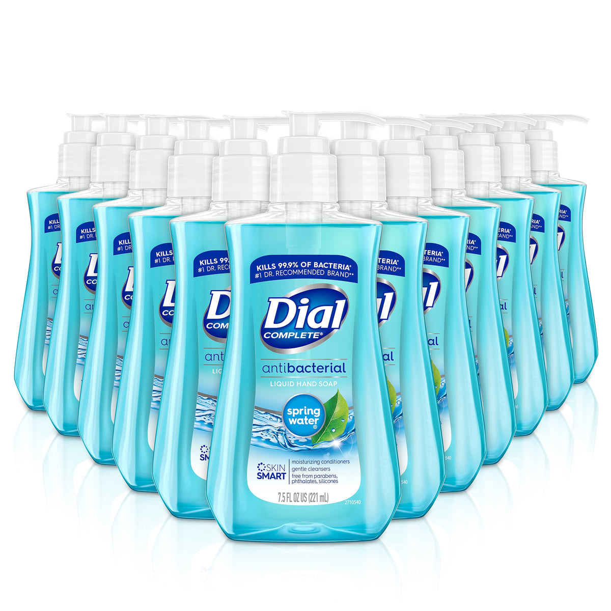 Dial antibacterial liquid hand soap spring water bottle pump for easy, gentle cleansing.