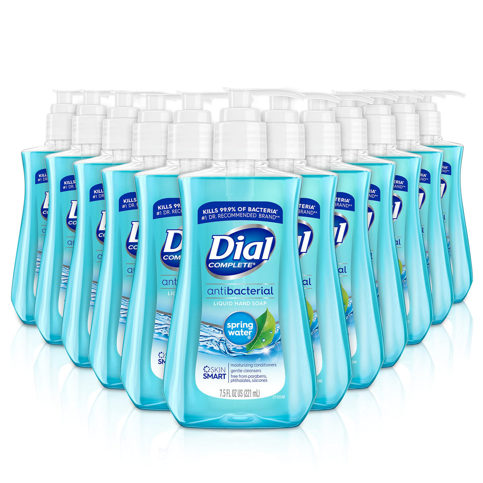 Dial antibacterial liquid hand soap spring water bottle pump for easy, gentle cleansing.