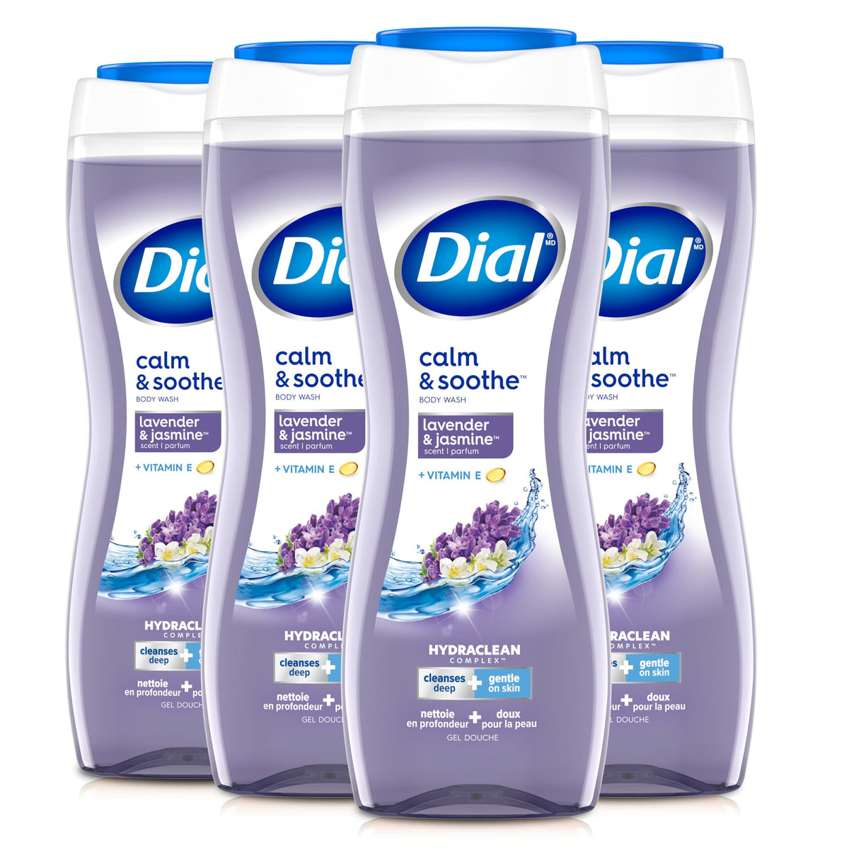 Dial Body Wash Calm & Soothe bottle with lavender jasmine scent for a relaxing shower.