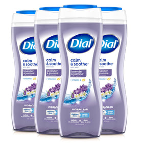 Dial Body Wash Calm & Soothe bottle with lavender jasmine scent for a relaxing shower.