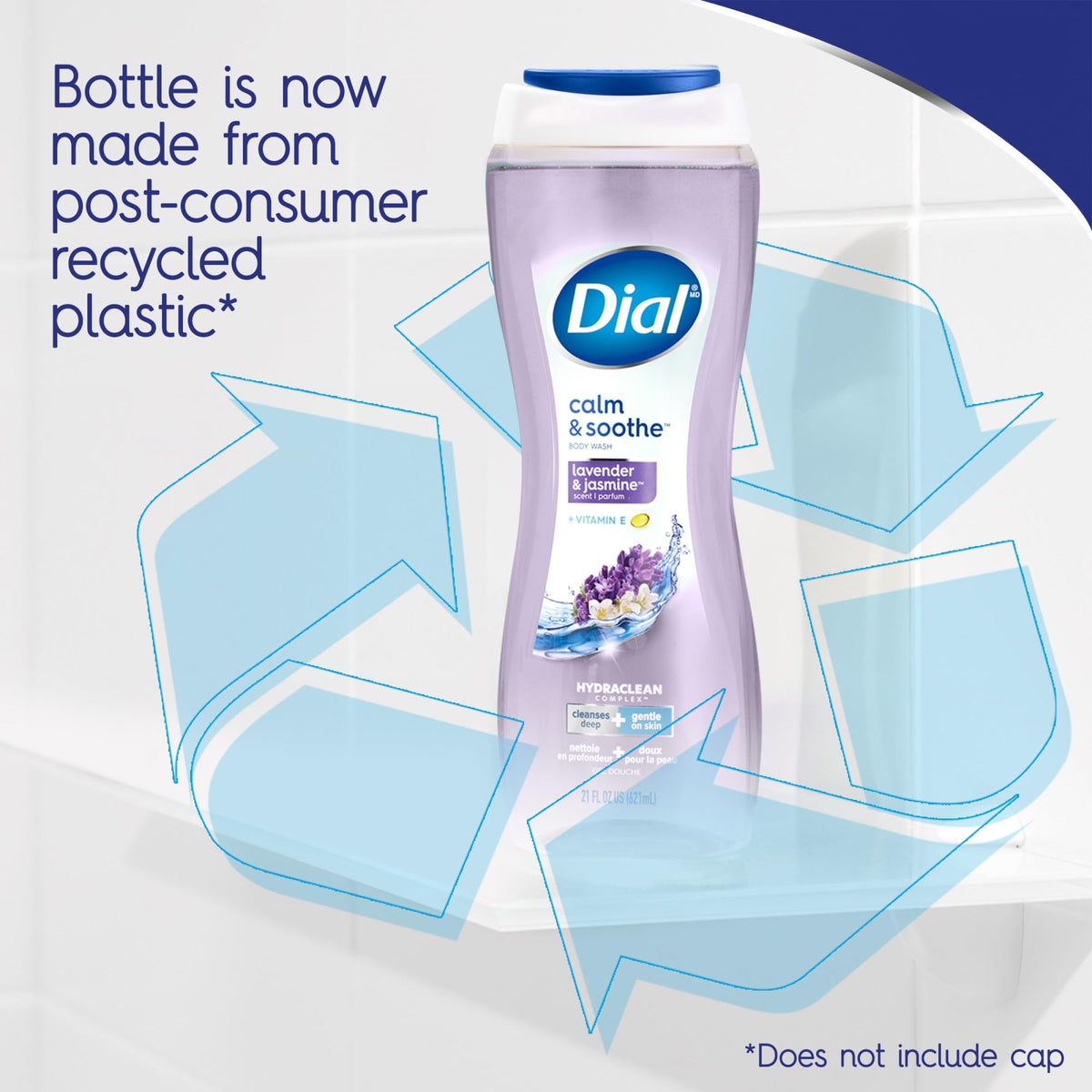 Dial Body Wash Calm & Soothe scent essence emphasizes lavender jasmine aroma for calming routine.