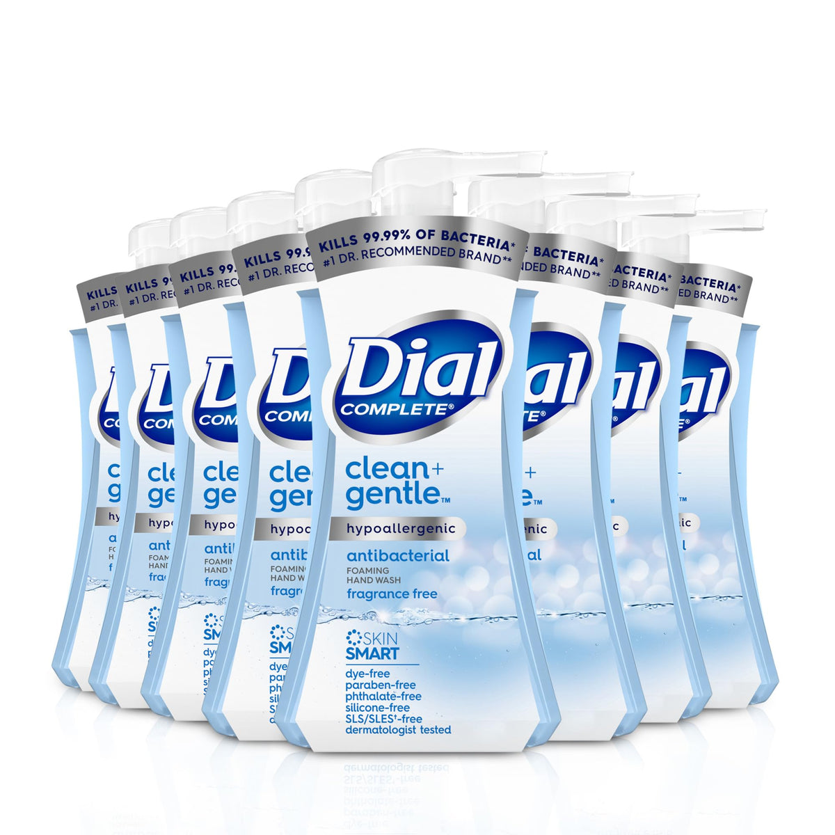 Dial Complete Clean + Gentle foaming hand wash bottle front view, fragrance free for sensitive skin.