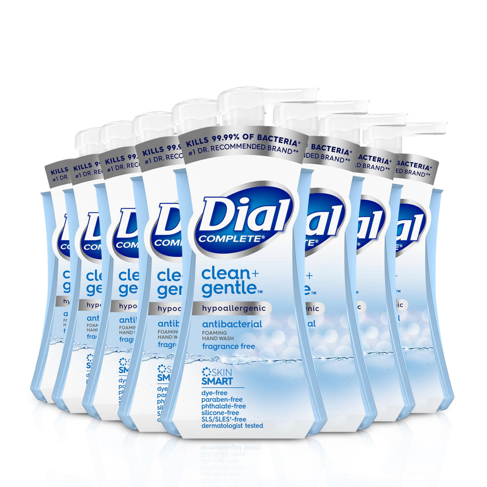 Dial Complete Clean + Gentle foaming hand wash bottle front view, fragrance free for sensitive skin.