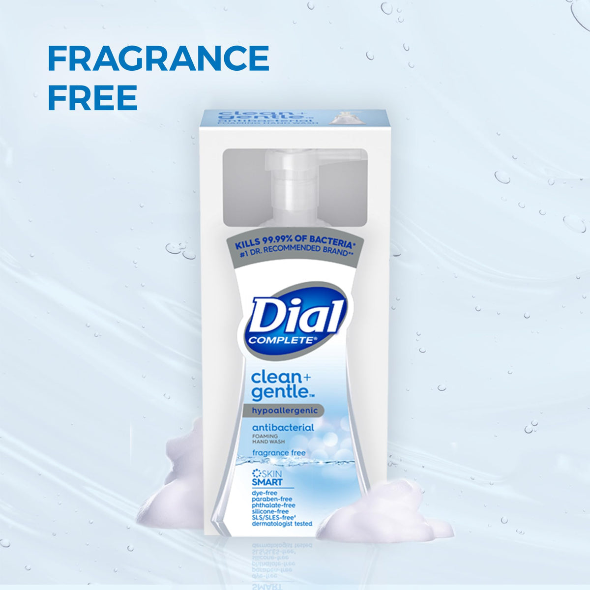 Dial Complete Clean + Gentle foaming hand wash dermatologist tested label visible.