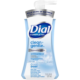 Dial Complete Clean + Gentle foaming hand wash pump bottle on sink, ideal for frequent use.
