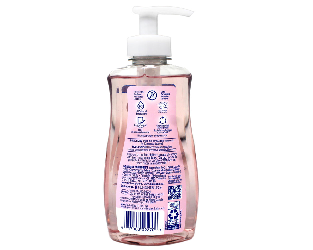 Dial Himalayan Pink Salt & Water Lily hand soap label close-up.